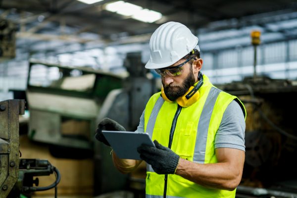 a man in a in a warehouse wearing a hard hat and safety vest looking at a tablet