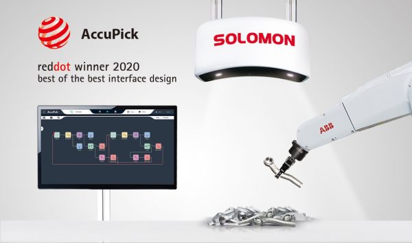 Red Dot winner 2020 logo with AccuPick 3D interface with SolScan industrial camera and ABB robot arm