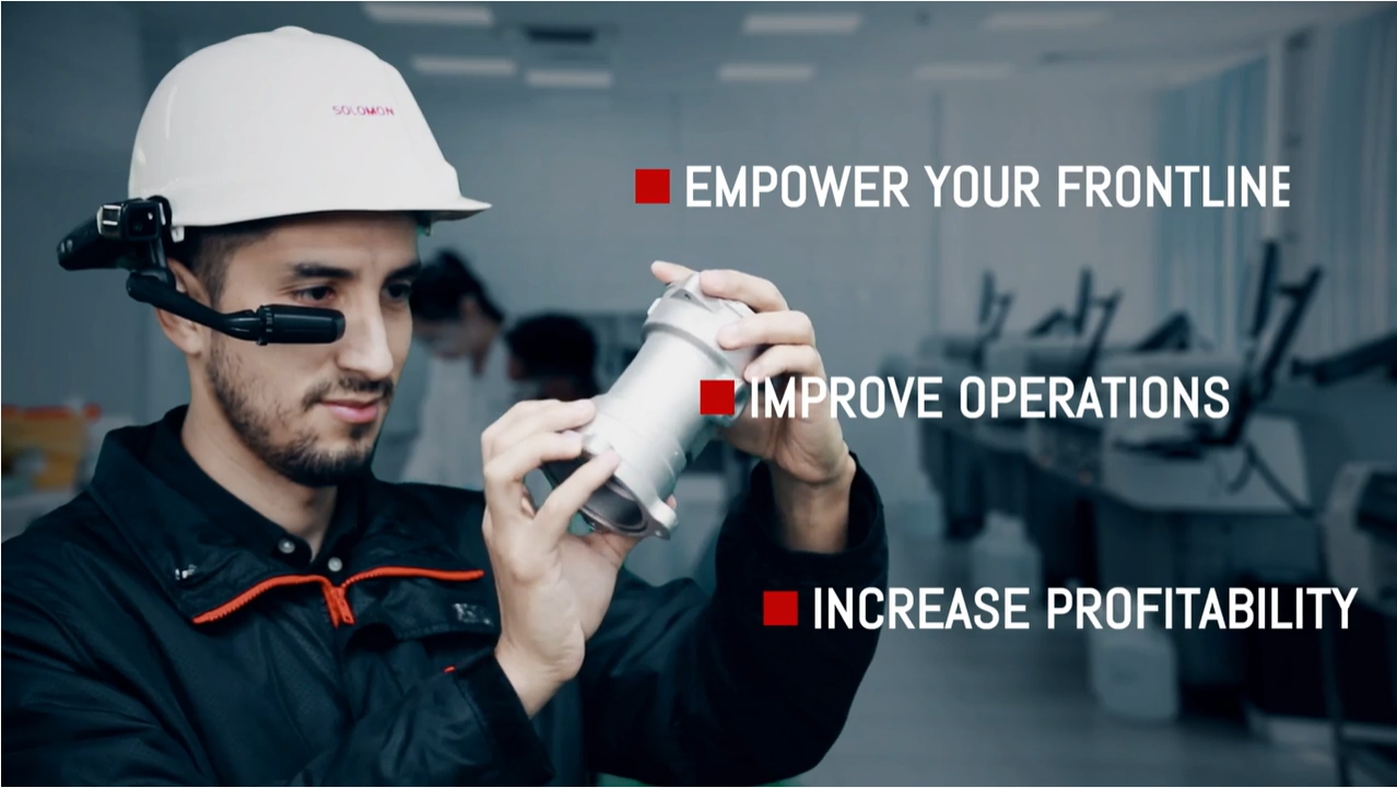 male operator is inspecting metal valve wearing white hardhat and AR glasses integrated with META-aivi (captions: empower your frontline, improve operations, increase profitability)