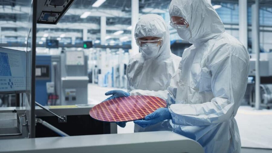 Two scientists in sterile suits inspecting a silicon wafer removed from a soldering jet printer in a semiconductor production facility.