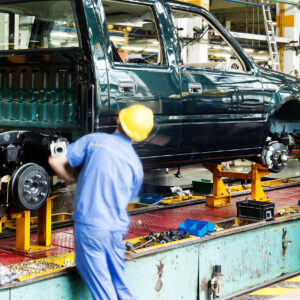 Pickup truck production line, workers are working