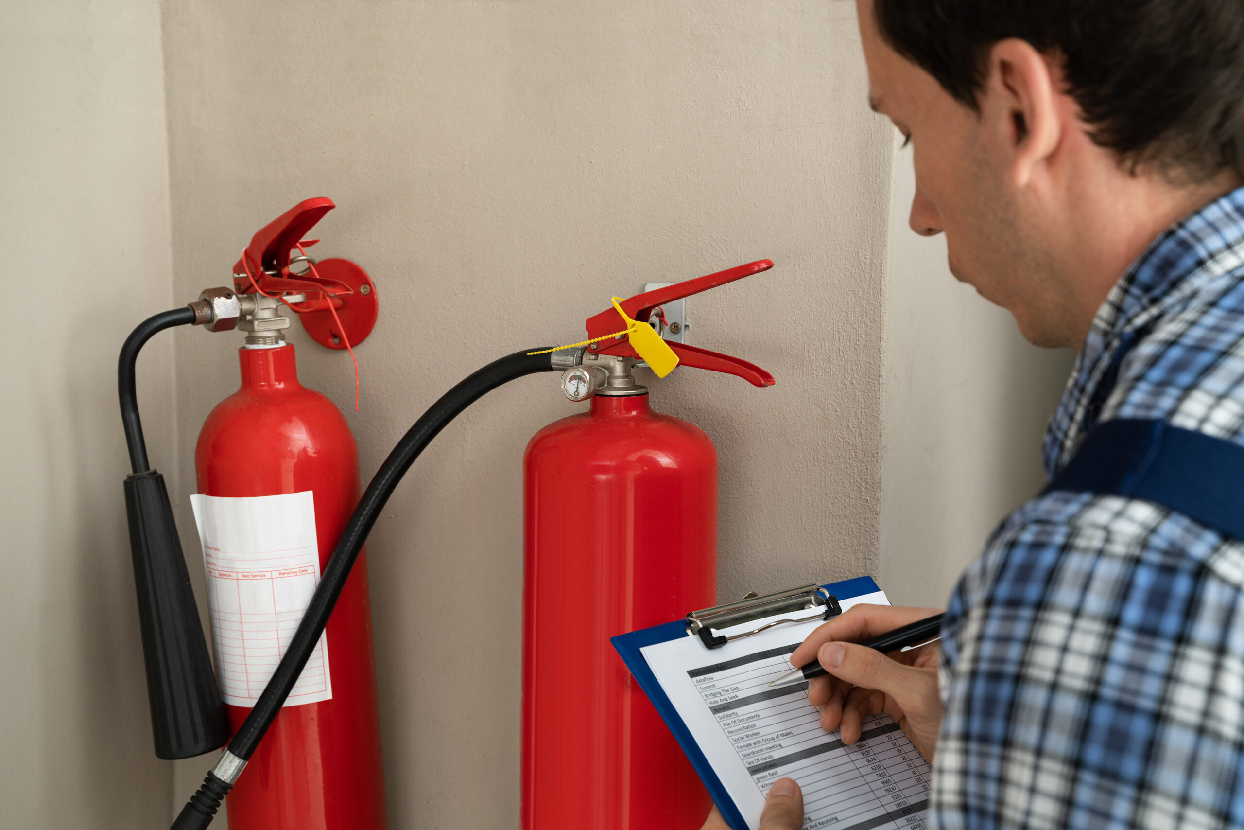 male professional checking the condition of a fire extinguisher