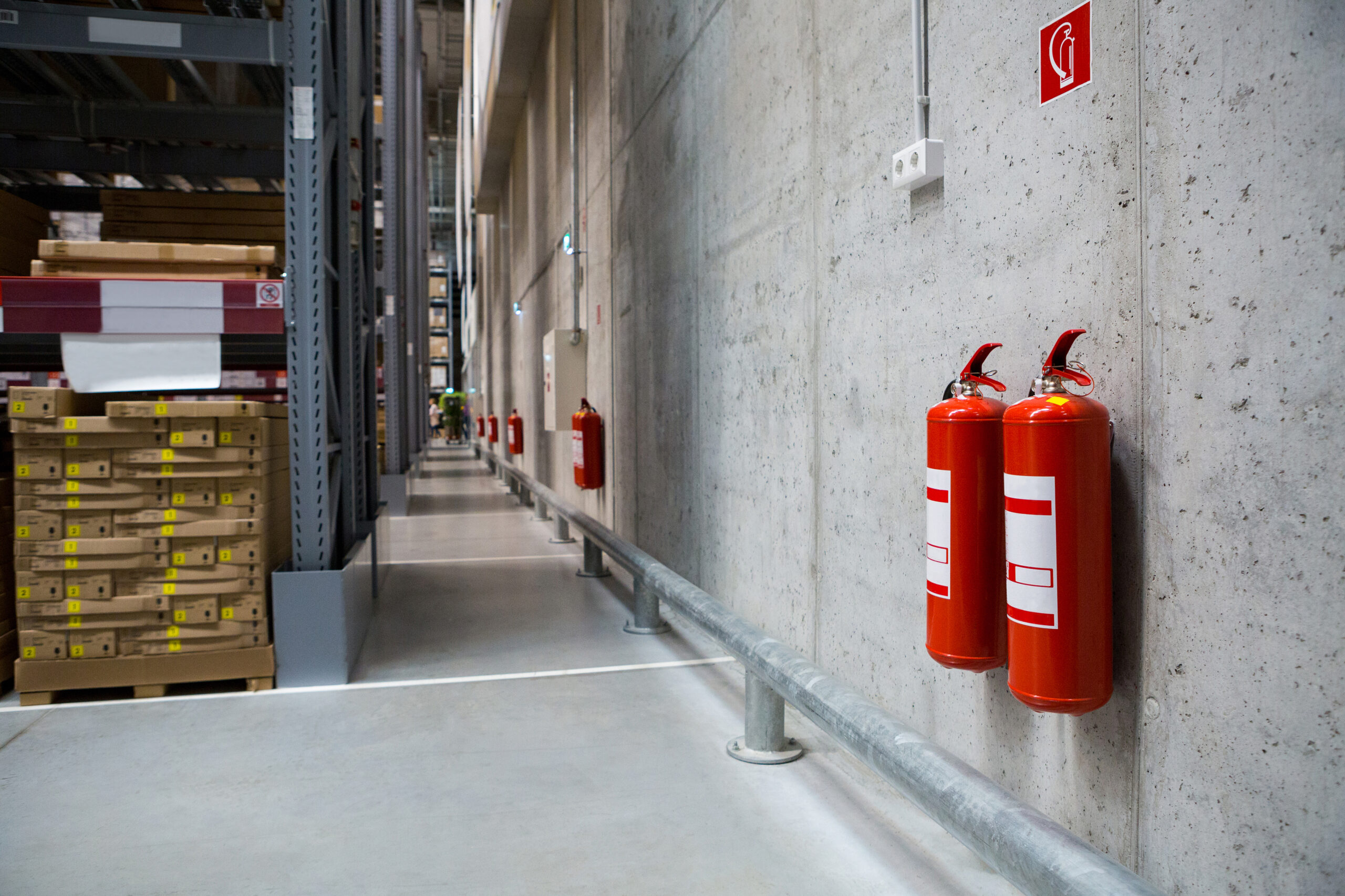 two fire extinguishers on the wall in a warehouse