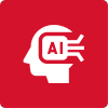 Diverse AI Vision Applications White AI brain outline vector graphic icon on a red background, depicting Diverse AI Vision Applications.