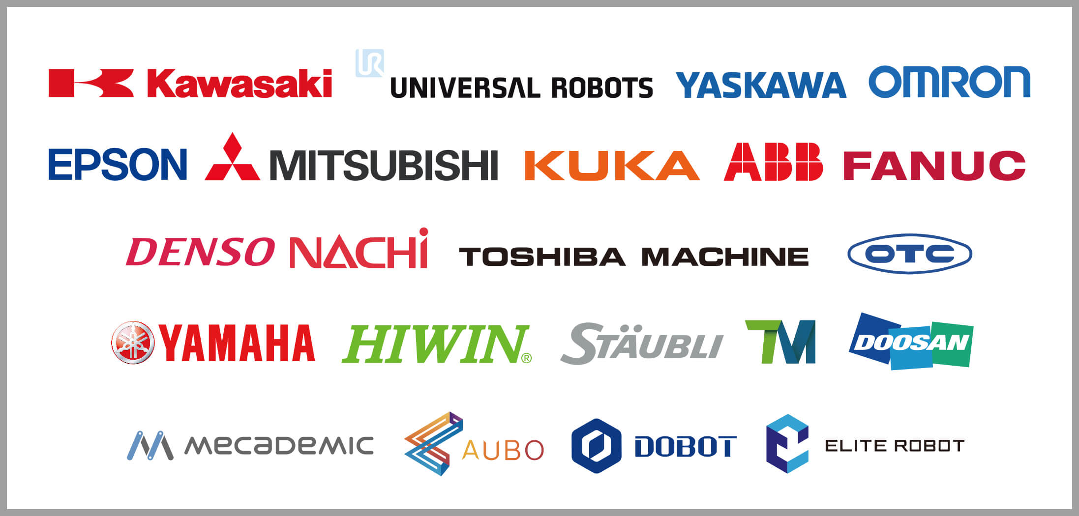 logos of robot 20 brands AccuPick 3D is compatible: Universal Robots, Kawasaki, Staubli. Yasakawa, Mecademic, Denso, ABB, Kuka, Fanuc, Mitsubishi, Nachi, Doosan, Omron, Toshiba Machine, OTC, Yamaha, Aubo, TM, Epson, and Rethink Rebotics