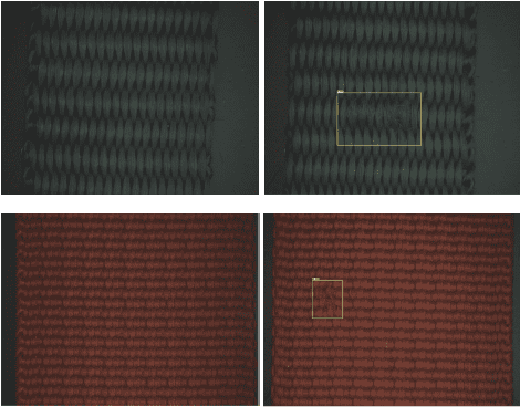 Woven Fabric Defect Detection green and red colored woven fabric defects detected by AI