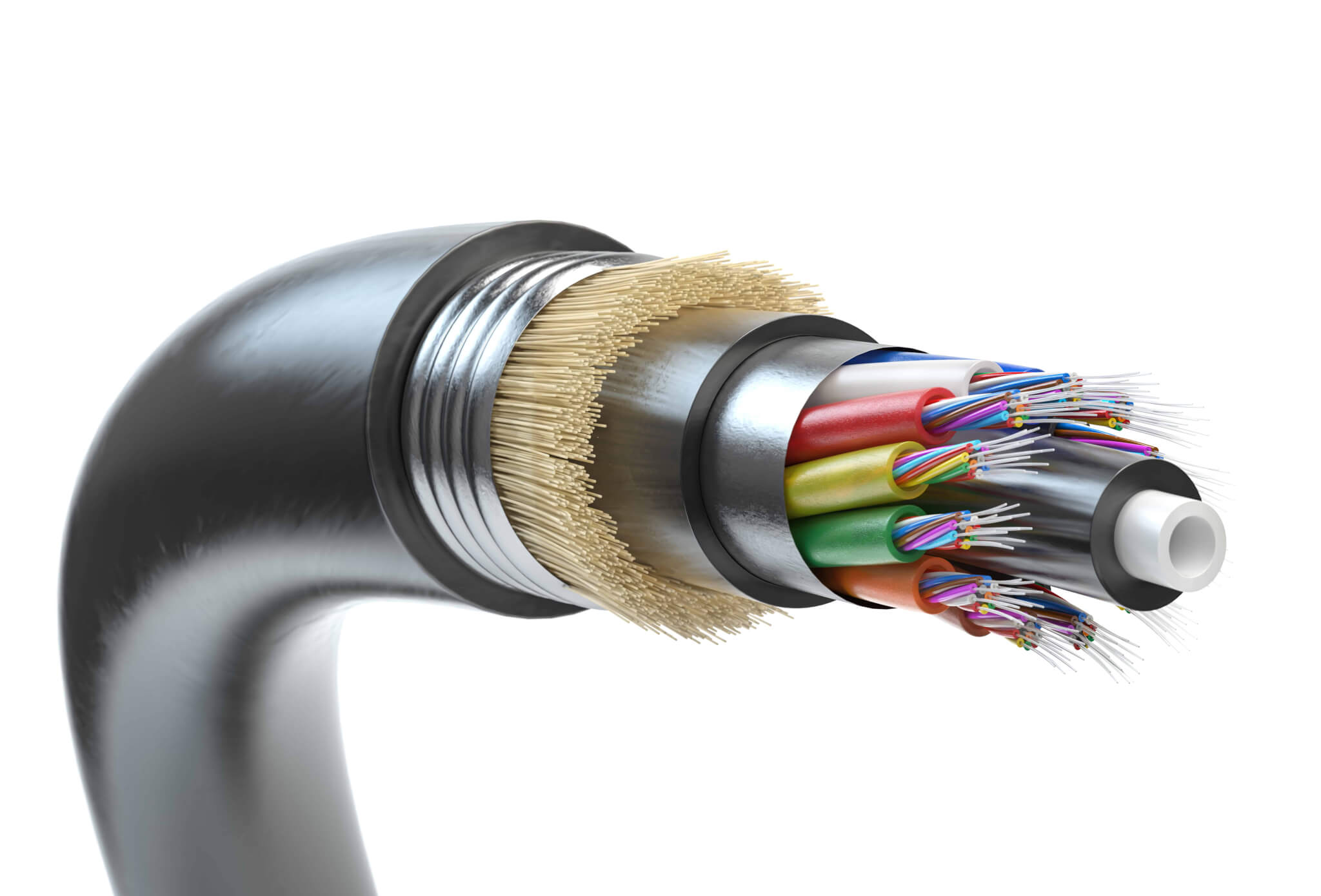 Cross-section of a cable with exposed wires, showcasing the internal structure and individual conductors