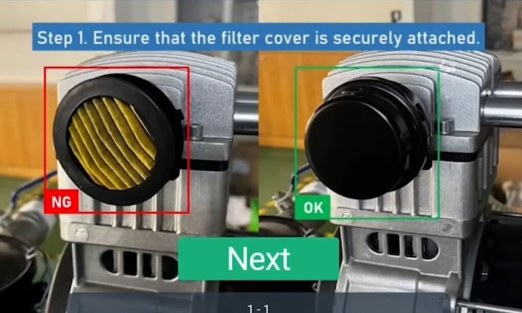 Screenshot of SOP validation for air compressor inspection displayed on a tablet, utilizing AR and AI for guided maintenance.