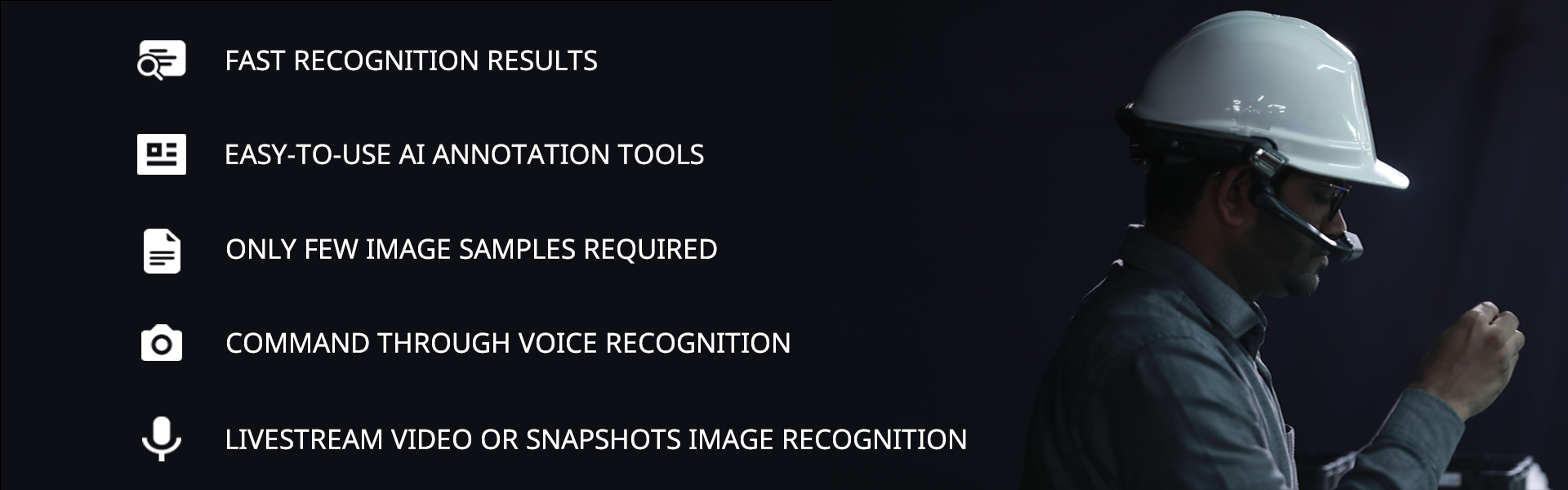 META-aivi features – landscape list of META-aivi features above a man wearing white hardhat and AR glasses inspecting an object in his right hand
