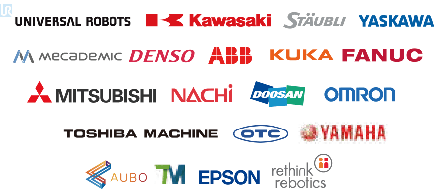 logos of robot 20 brands AccuPick 2D is compatible: Universal Robots, Kawasaki, Staubli. Yasakawa, Mecademic, Denso, ABB, Kuka, Fanuc, Mitsubishi, Nachi, Doosan, Omron, Toshiba Machine, OTC, Yamaha, Aubo, TM, Epson, and Rethink Rebotics