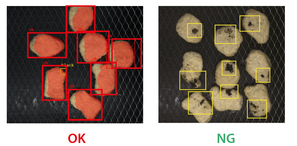 Chicken Nuggets Defect Inspection OK chicken nuggets and NG chicken nuggets example of production line AI detection using SolVision