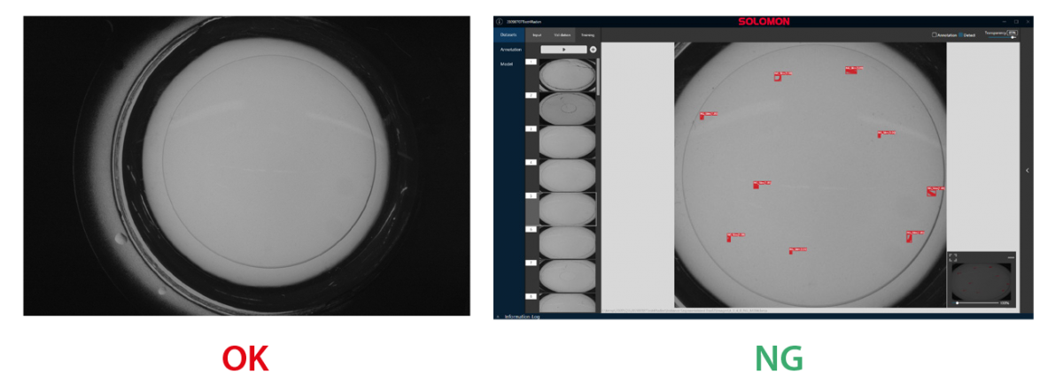AI inspection results of contact lenses using SolVision showing OK and NG 