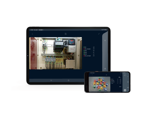 A tablet and a smartphone displaying the META-aivi AR + AI interface
