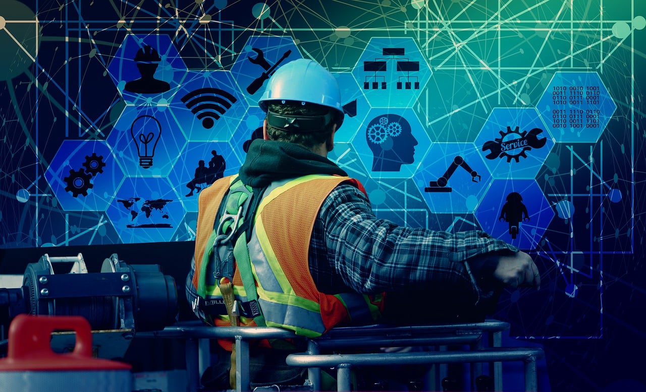 IA industriale Un operaio edile con casco protettivo, giubbotto di sicurezza e altri dispositivi di protezione individuale (DPI), che rappresenta visivamente l'applicazione dell'intelligenza artificiale in contesti industriali