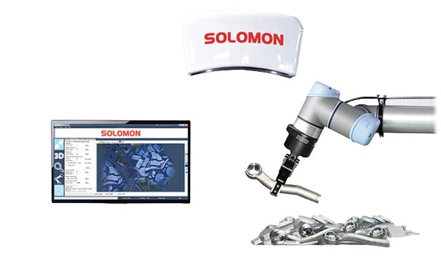 Automated bin picking: AccuPick software with SolScan 3D camera and UR cobot picking metal parts.