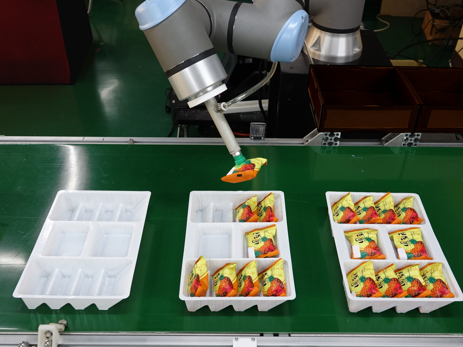 a UR robot arm places snacks into packaging cases on a conveyor