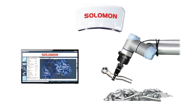Automated bin picking: AccuPick software with SolScan 3D camera and UR cobot picking metal parts.