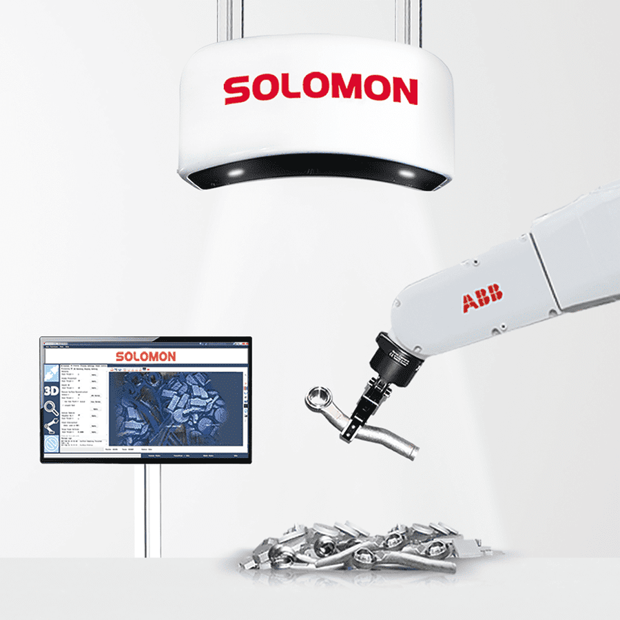 Solomon AccuPick 3D deep learning software integrated with robotic arm picking defective metal object from pile of similar metal objects
