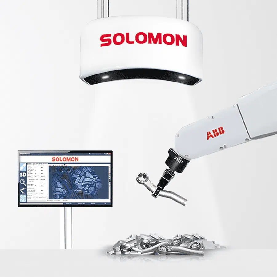 AccuPick 3D bin picking software integrated with an ABB cobot picking metal objects from a pile of similar metal objects scanned by SolScan industrial 3D camera.