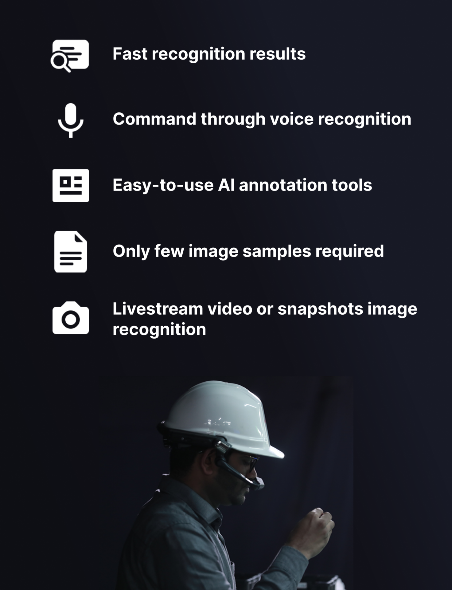 list of META-aivi features above a man wearing white hardhat and AR glasses inspecting an object in his right hand