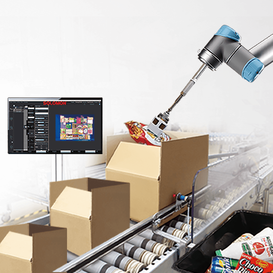 Solomon JustPick deep learning software integrated with robotic arm equipped with suction cup picking and placing bag of chips from bin into cardboard box on conveyor belt