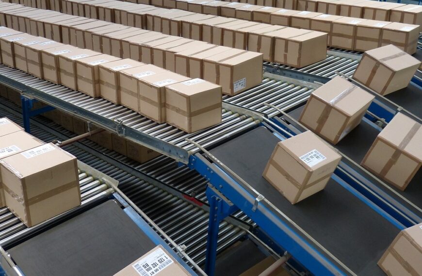 cardboard boxes on a conveyor in a distribution center