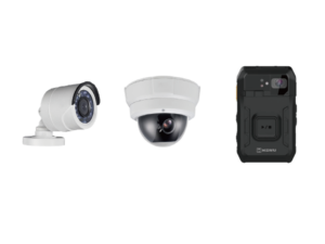 two IP surveillance cameras and a body camera on a white background
