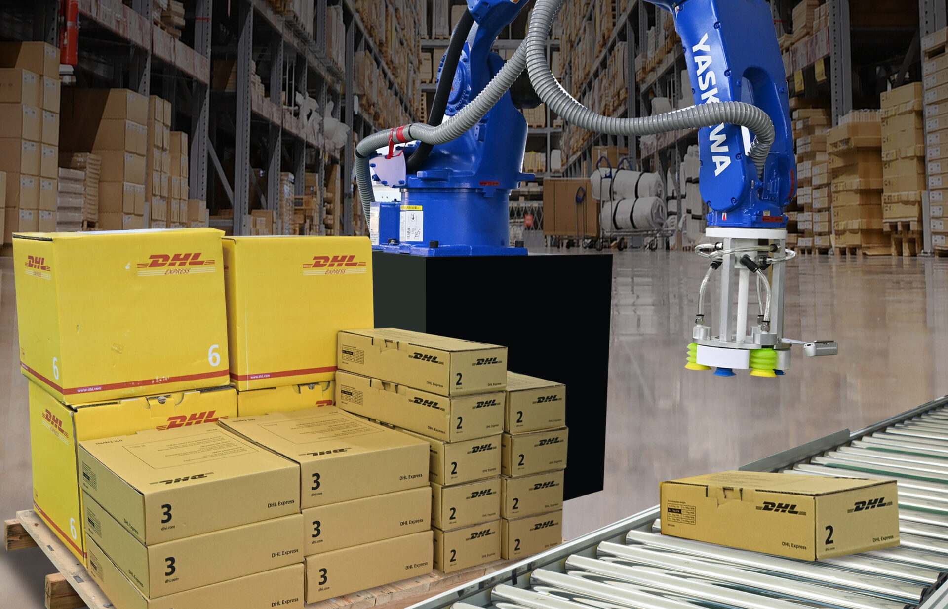 assorted boxes are picked from a pallet and placed onto a roller conveyor using a Yaskawa robot arm powered by AccuPick Instant