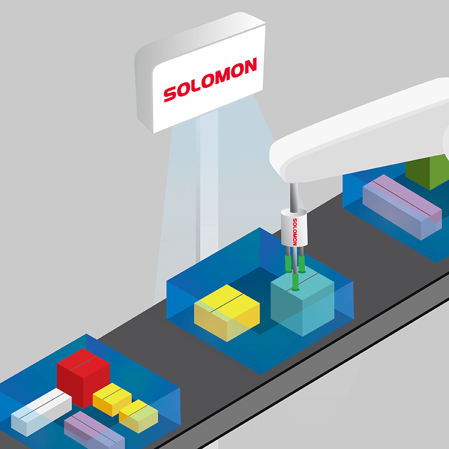 Solomon AccuPick SmartPack deep learning software integrated with Solomon Solscan industrial 3D camera and robotic arm equipped with suction cup picking box package on conveyor belt