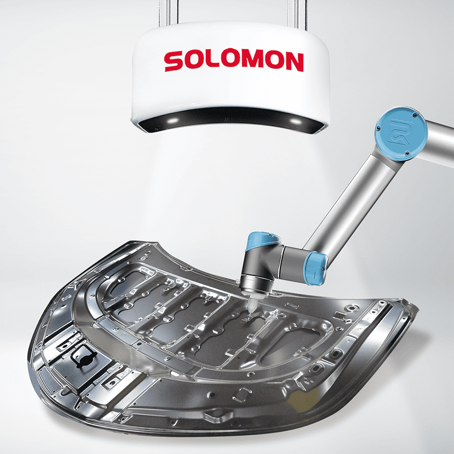 Solomon Solmotion deep learning software integrated with robotic arm inspecting welds on metal car hood