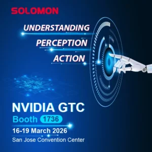 Graphic for NVIDIA GTC 2026 showing a robotic hand interacting with a glowing digital interface. Text reads ‘Understanding, Perception, Action’ with event details: Booth 1736, March 16–19, San Jose Convention Center.