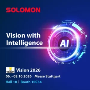Solomon VISION 2026 event graphic for Messe Stuttgart, Hall 10, Booth 10C54, highlighting AI machine vision.