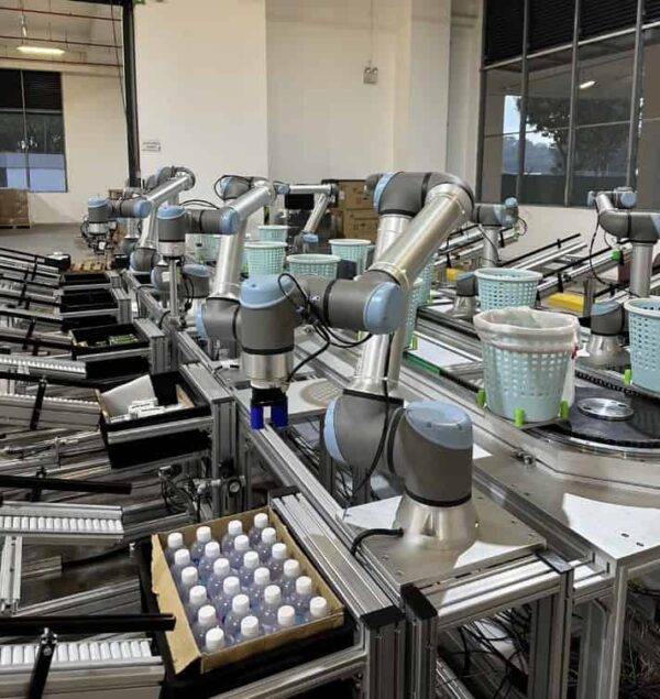 UR collaborative robotic arms (cobots) arranged on an assembly line performing automated bin picking using AccuPick and placing of items, such as water bottles, from a source container onto a conveyor for packaging.