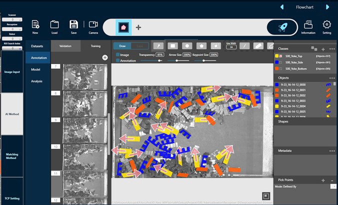 AccuPick Software Interface Screenshot of the AccuPick AI vision interface, showing the deep learning annotation and training process for robotic bin picking of switchgear components.