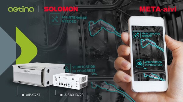 Aetina and Solomon Edge AI Partnership for 3D Vision and META-aivi Solutions Joint Aetina and Solomon announcement showcasing edge AI and 3D vision solutions with META-aivi, industrial computing systems, and AR-based inspection interface.