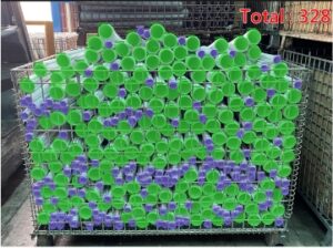 Screen capture showing the META-aivi AR and AI vision system overlaying green and purple segmentation on metal pipes, displaying a precise automated counting result of 'Total: 328'.