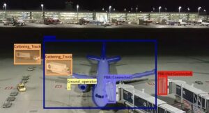 A view of an airport tarmac at night, showing an airplane connected to a jet bridge. Various ground vehicles are detected and labeled by an AR + AI remote monitoring system, precisely measuring the duration of each airside operation step.