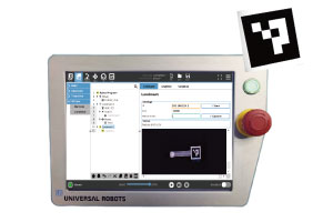 Teach Pendant de UR y Marcador ArUco Teach pendant de Universal Robots y marcador ArUco utilizados para la localización de robots en automatización industrial.