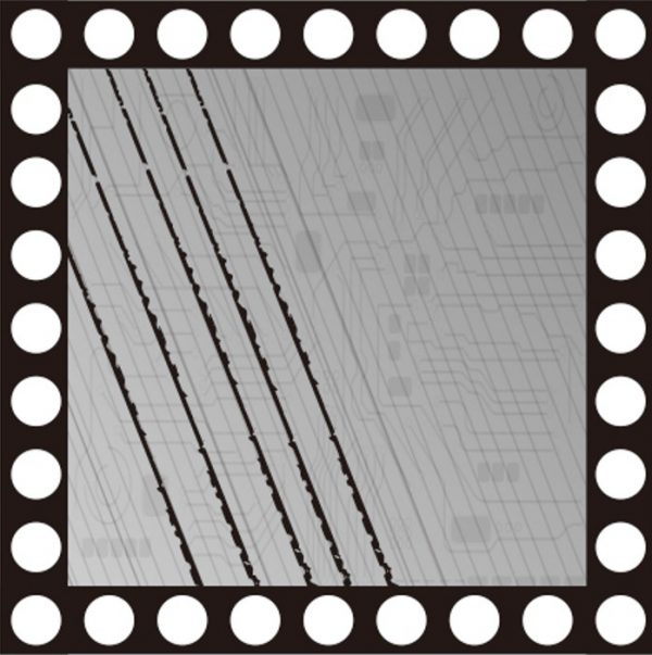 CMP-induced wafer surface defects High-magnification semiconductor wafer surface showing linear scratch defects and residue patterns requiring CMP quality inspection.