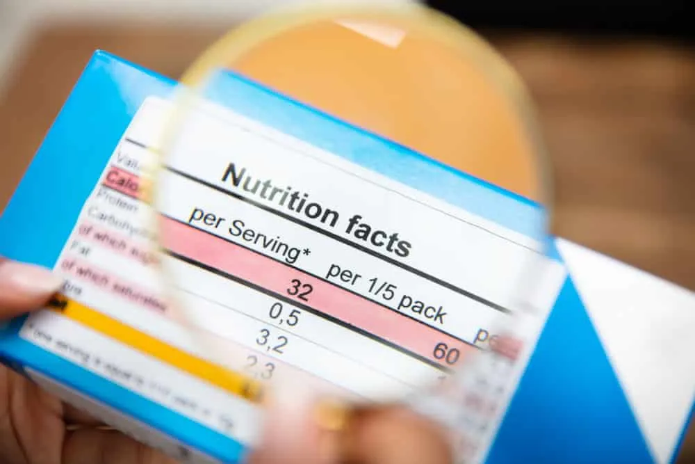 Magnified nutrition label illustrates the inspection of printed text and information on food packaging.
