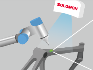 graphic of a metal bicycle frame being grinded by vision guided robotics with UR robot arm and SolScan industrial 3D camera