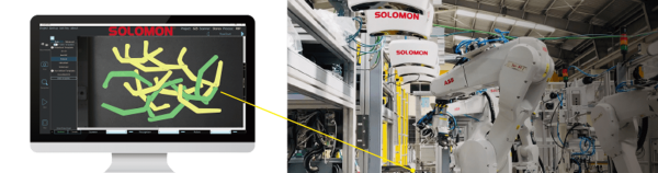 AccuPick 3D interface on a desktop monitor and a snapshot of the kitting and assembly lines in an automotive factory with a row of SolScan industrial 3D cameras and an ABB robot picking arm