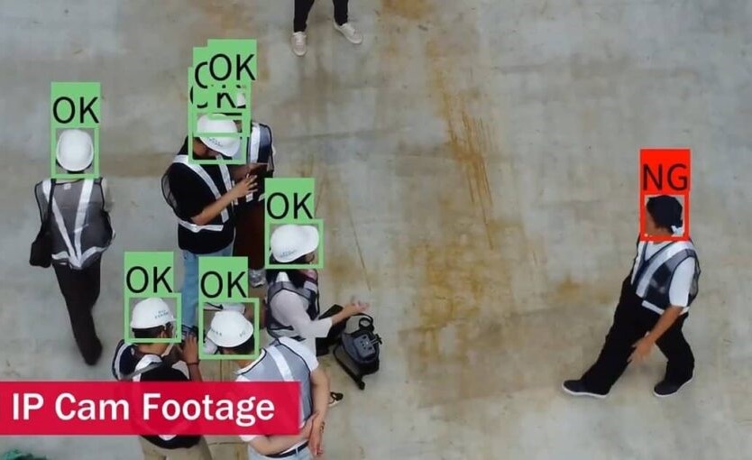 機器視覺安全檢測 META-aivi AR + AI 工業機器視覺系統,透過辨識是否配戴必要的安全防護裝備(PPE),進行人員安全合規檢測。