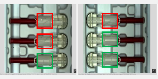 Safety Syringe Quality Inspection using META-aivi AR + AI A side-by-side view of safety syringes in a production tray being inspected by the META-aivi platform. The AR and AI system uses red bounding boxes to flag defects and green bounding boxes to identify passed items, streamlining human-AI collaboration during the pharmaceutical manufacturing process.