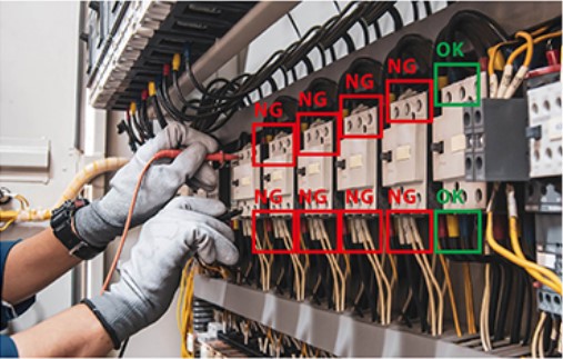 Electrical panel showing an industrial worker performing maintenance while META-aivi AR + AI vision platform checks SOP compliance, using red 'NG' boxes to flag incorrectly wired terminals and green 'OK' boxes for correct connections.