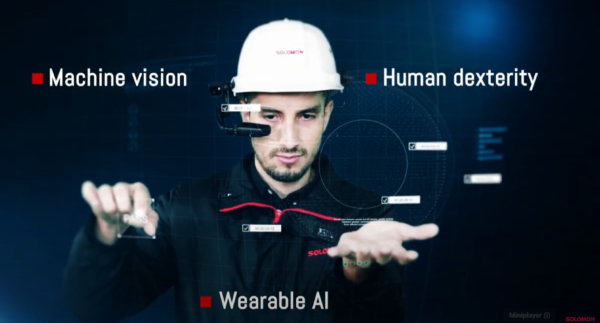 Solomon META-aivi Wearable AI and AR Solution for Frontline Workers Frontline worker wearing Solomon META-aivi smart glasses demonstrating wearable AI, augmented reality, and machine vision for industrial operations.