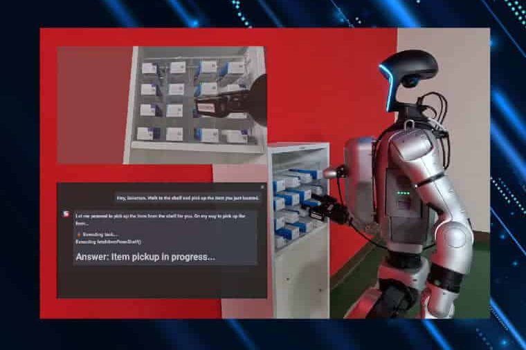 次世代ロボティクスおよびヒューマノイド向けPhysical AI 産業タスク実行向け統合ビジョンシステムを搭載し、保管棚から物品をピッキングするヒューマノイドロボット。