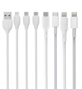 cable and connector for USB, Type-C, Micro USB, Lightning, on a white background in isolation, collage