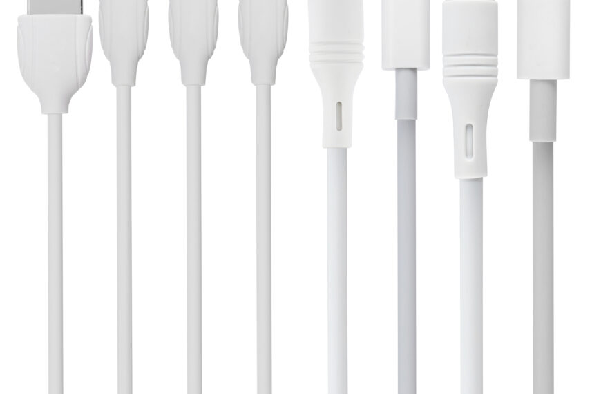 cable and connector for USB, Type-C, Micro USB, Lightning, on a white background in isolation, collage