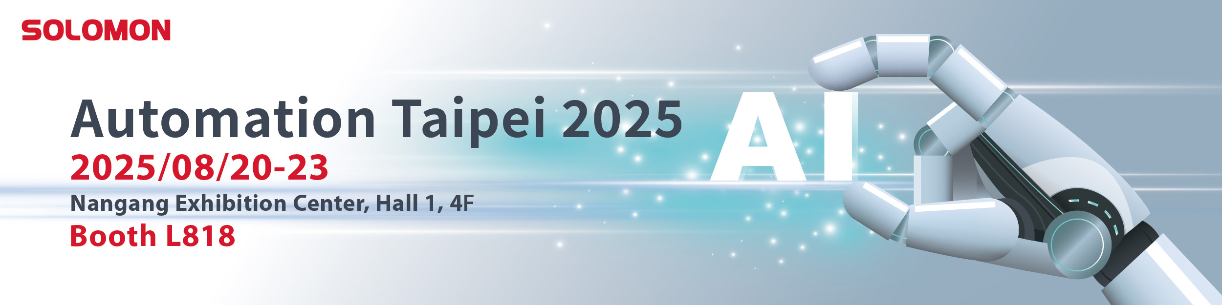 Web banner: Solomon at Automation Taipei 2025. Displays event details, booth L818, and a robotic hand holding 'AI' letters.